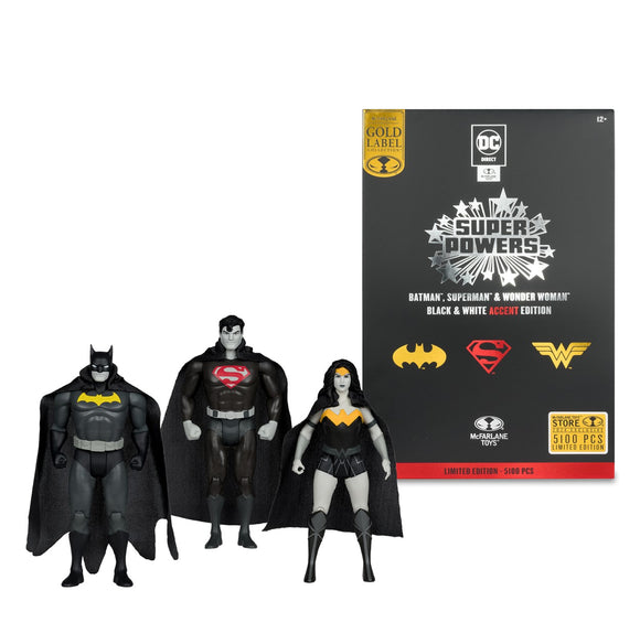 DC Direct Super Powers 2024 Superman Batman Wonder Woman 3 Pack B&W Gold Accents